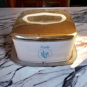Vintage Lincoln Beauty Ware Cake Taker Carrier Blue Floral Centered Pattern